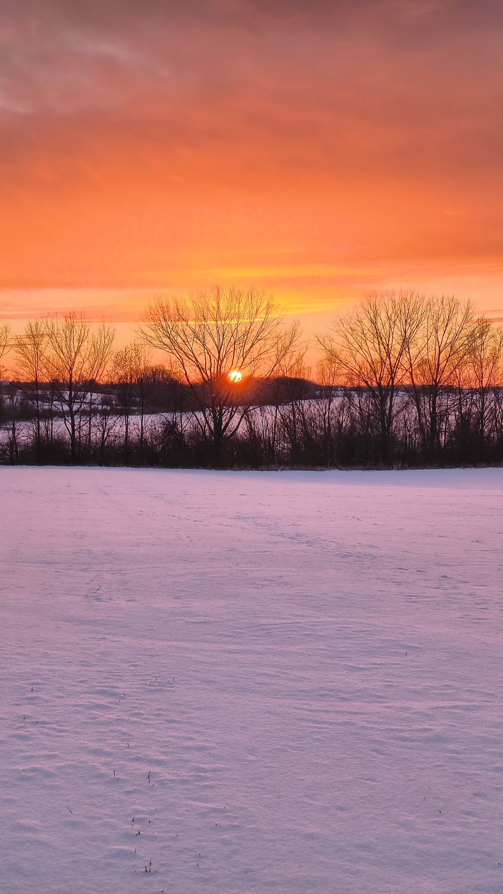 Zamarznięty staw w Řemínku o zachodzie słońca.