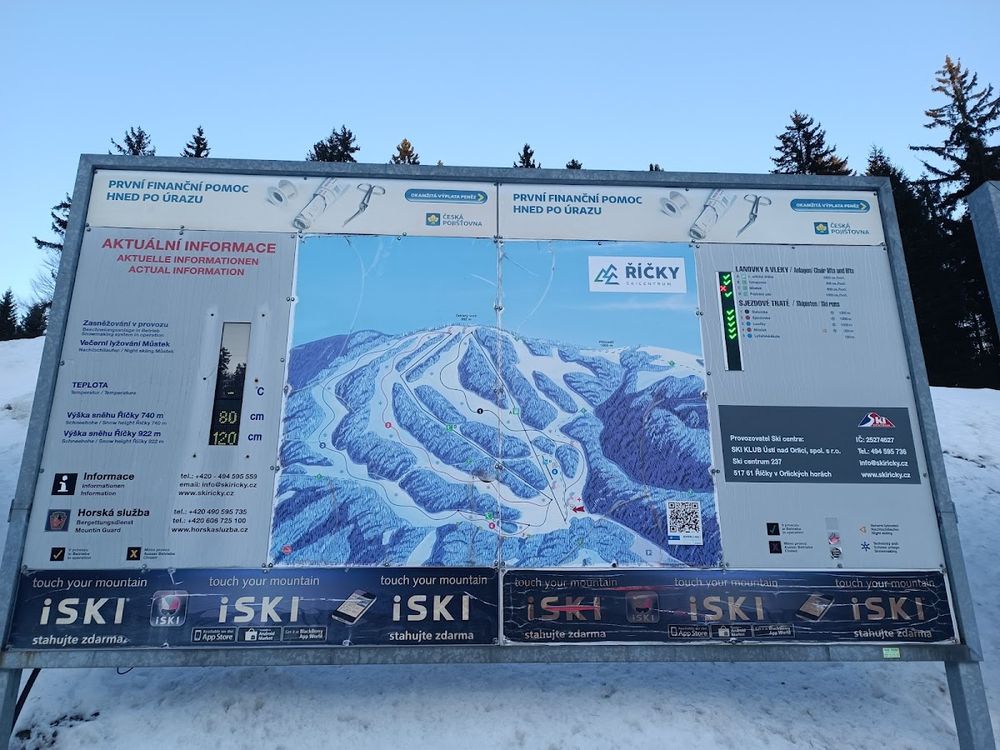 Tablica ze schematem tras narciarskich pod niebem pod słońcem.