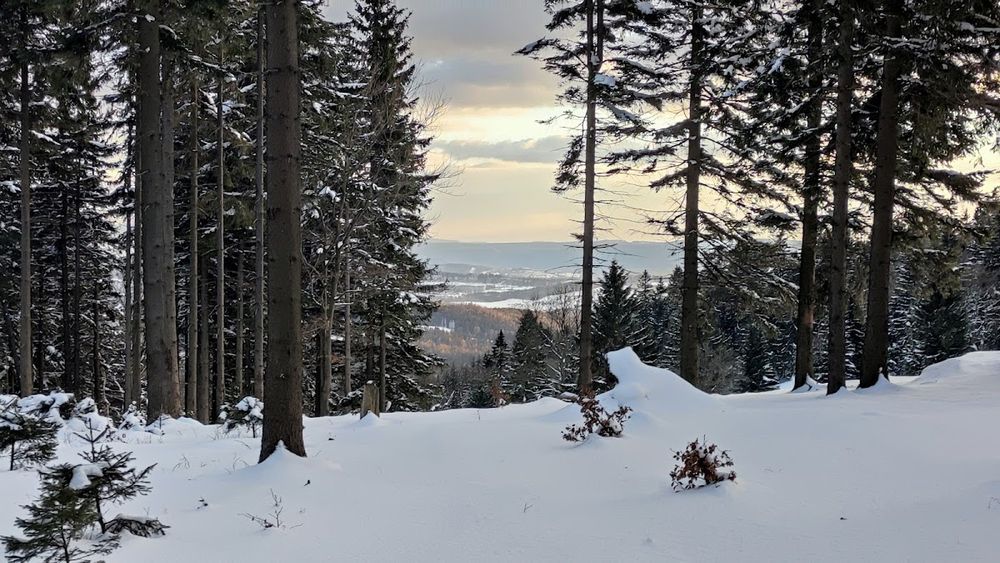 Widok panoramiczny na ośnieżone szczyty Sudetów z Polany Jugowskiej.