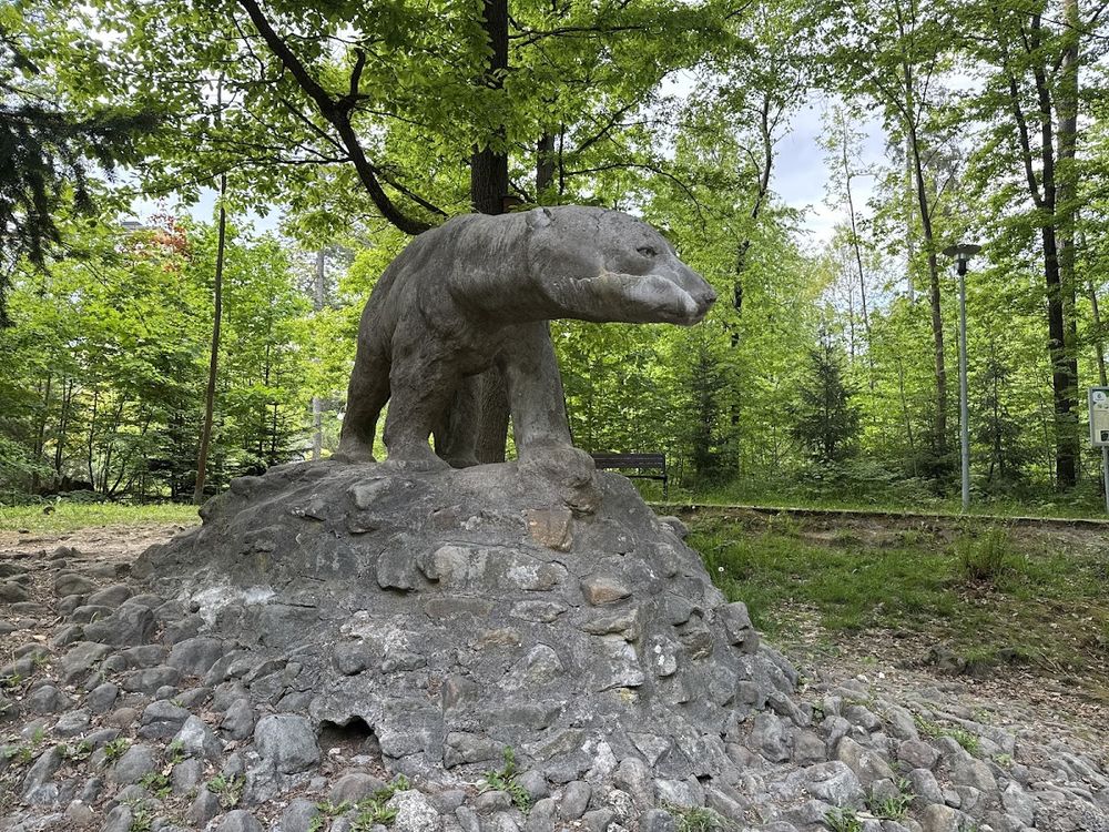 Rzeźba zwierzęcia (dzika) na nastrojowym głazie w lesie.