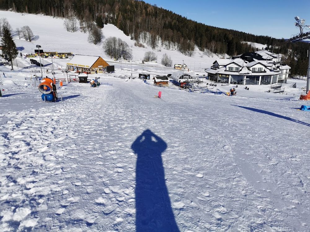 Narciarze korzystający z uroków słonecznego dnia na doskonale przygotowanym stoku.
