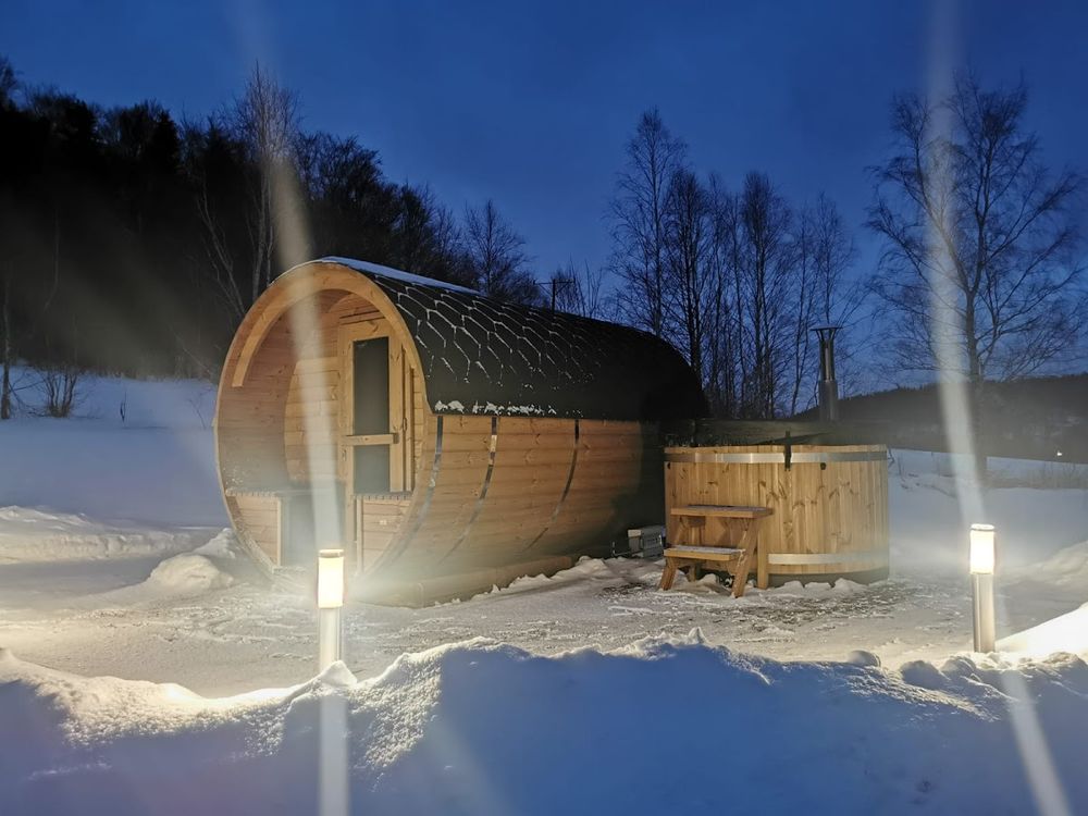 Sauna w ogrodzie zimą.