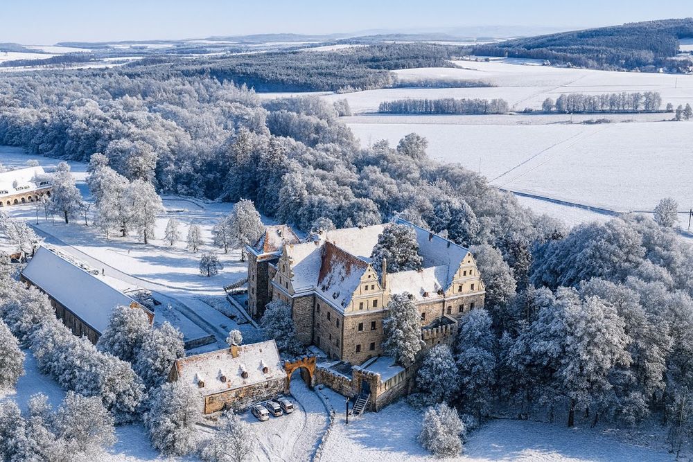 Zimowa panorama zamku w Goli Dzierżoniowskiej, ośnieżony dach i wieża na tle lasu.