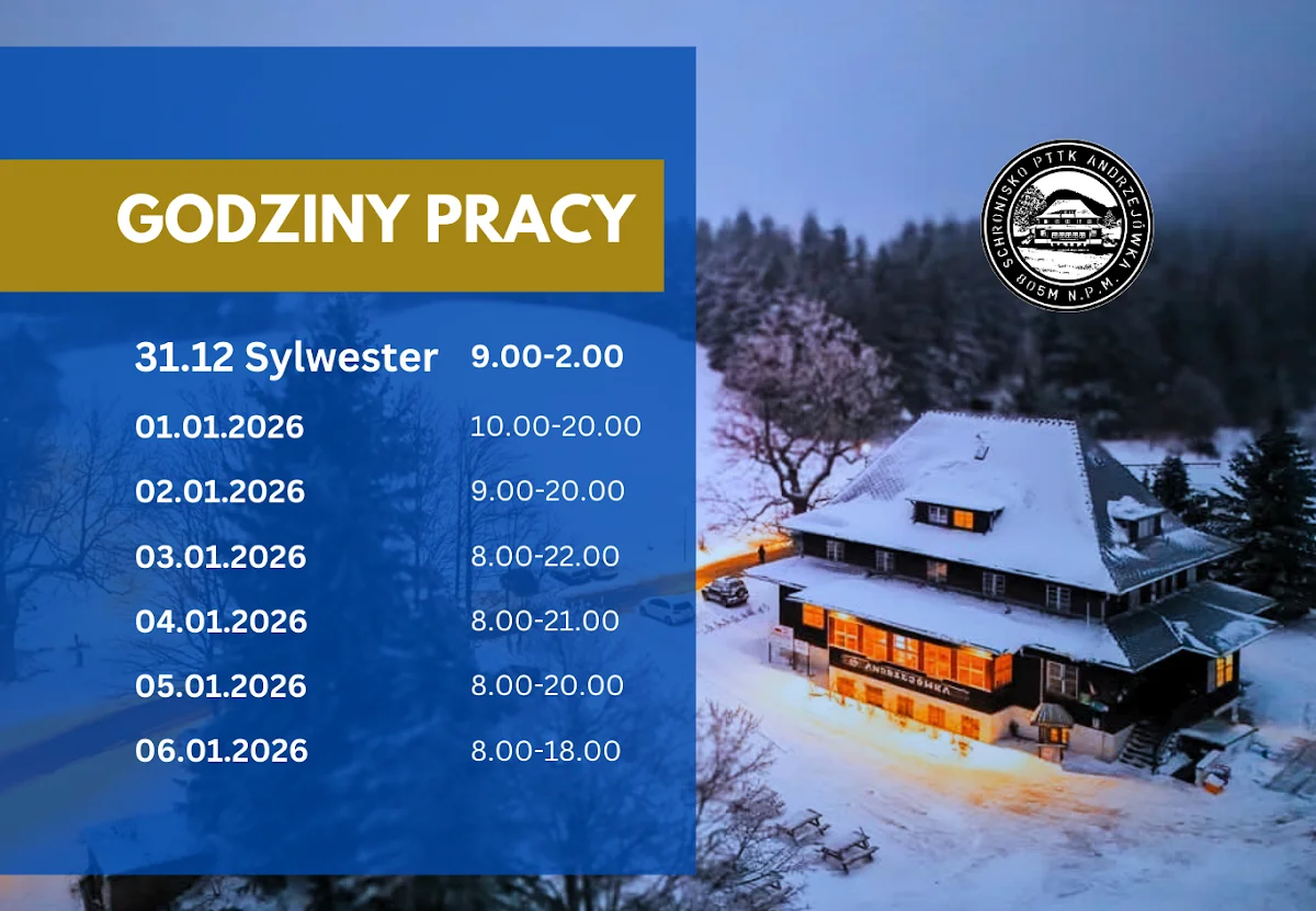 Tablica z godzinami pracy wywieszona obok ośnieżonego budynku.