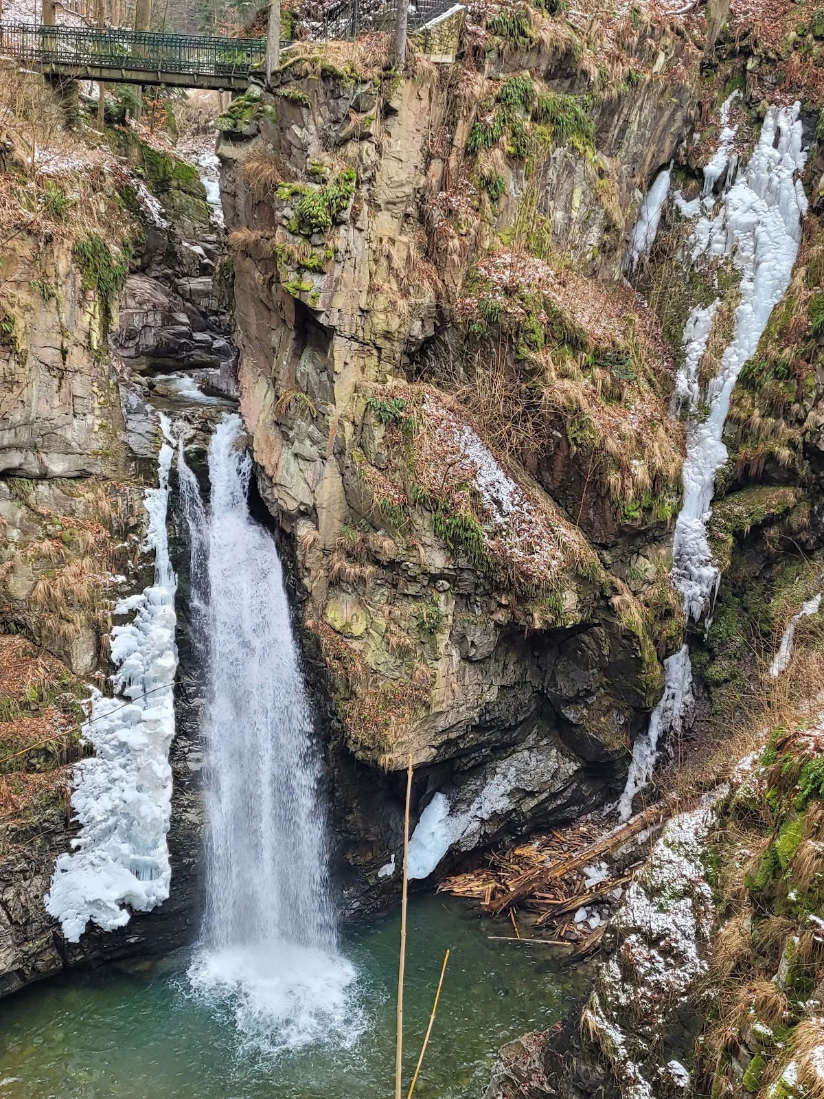 Malowniczy wodospad w lesie, zbliżenie.