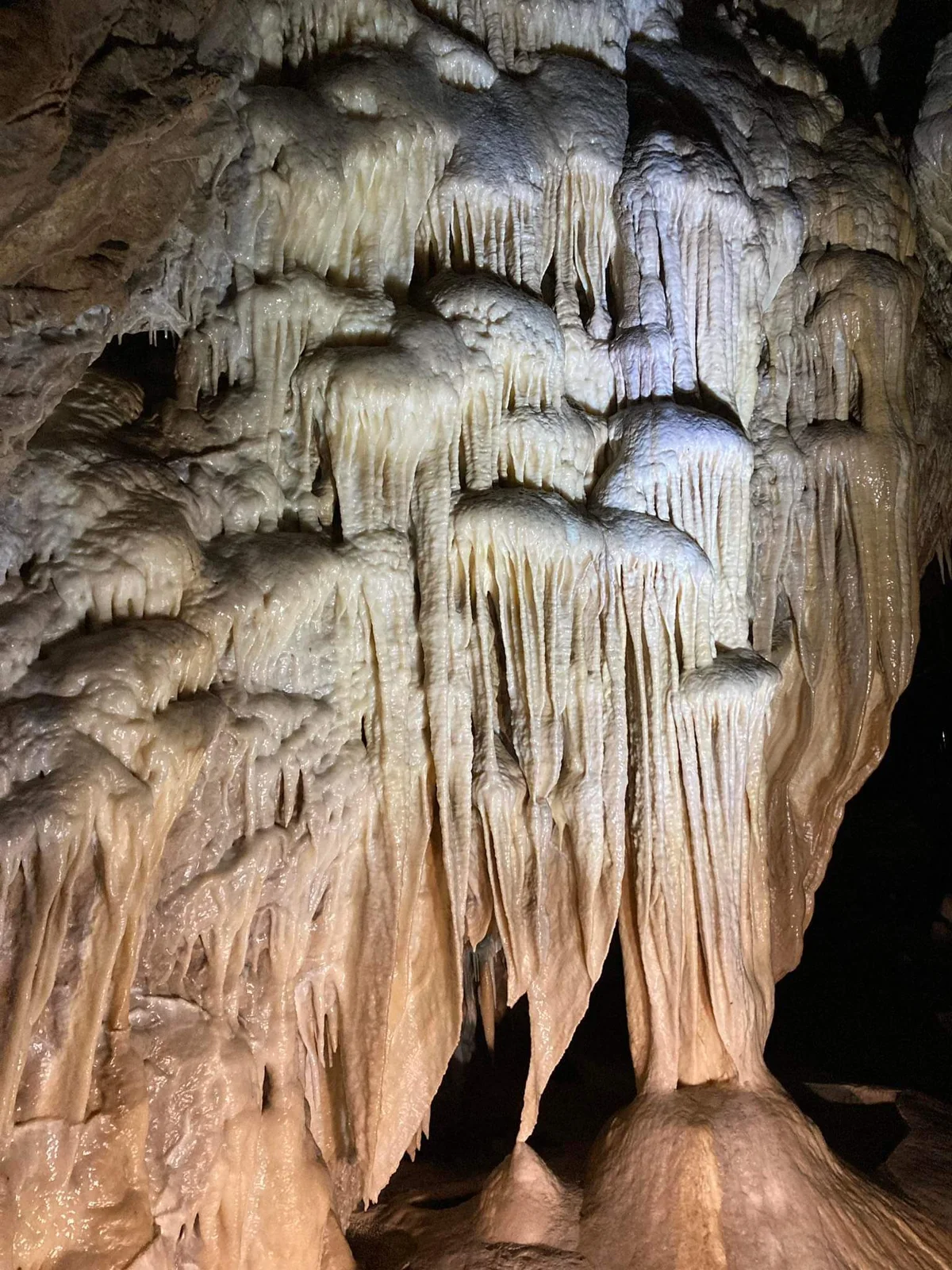 Wielka stalaktytowa draperie w jaskini pod słońcem pod niebem o świcie.