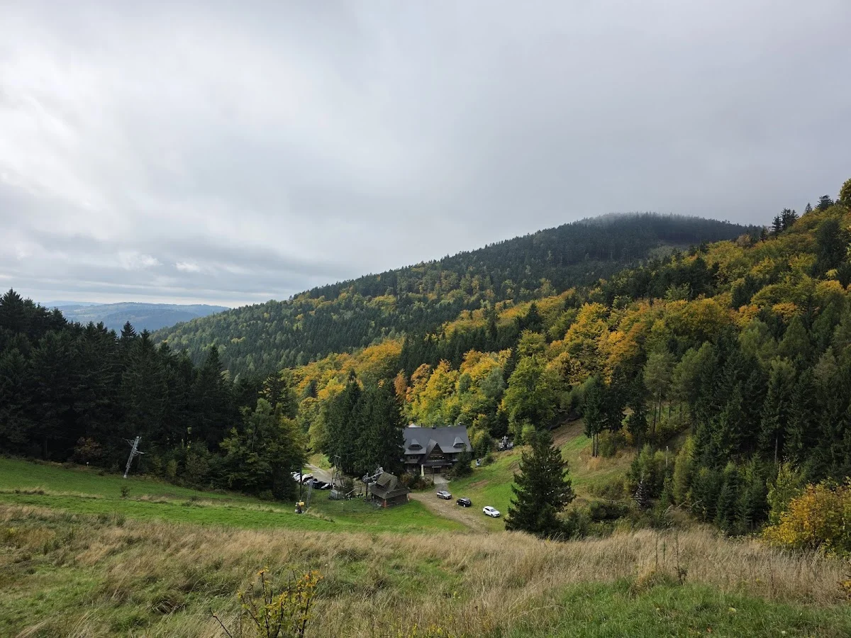 Panorama jesiennych gór pod błękitnym niebem pod słońcem o świcie.